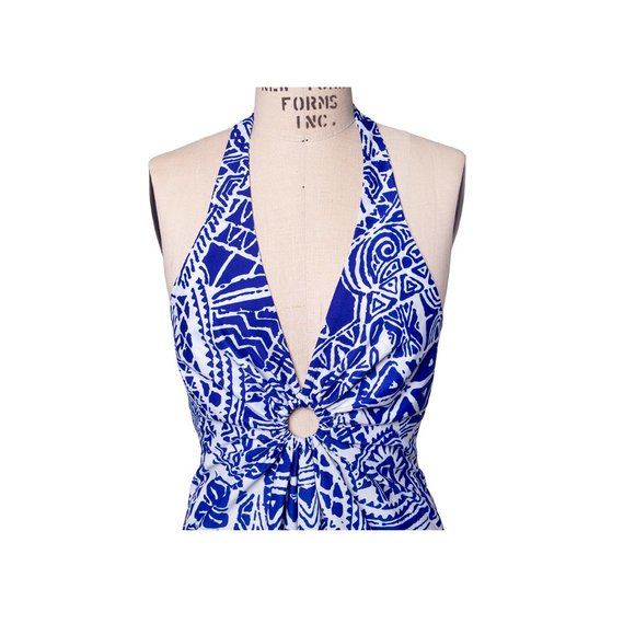 Vintage 60s 70s Hawaii Nei Hawaiian Blue White Halter Maxi Sundress Dress - Picture 4 of 16